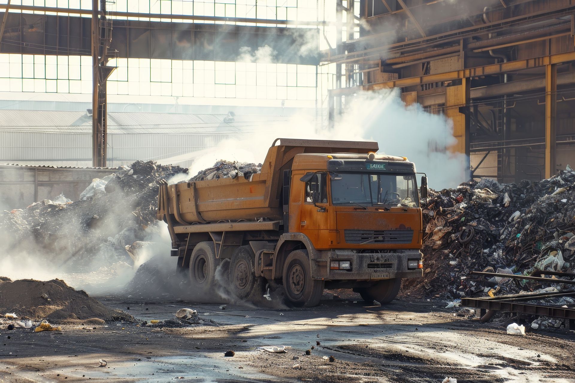 A dump truck is driving down a dirt road in a factory.