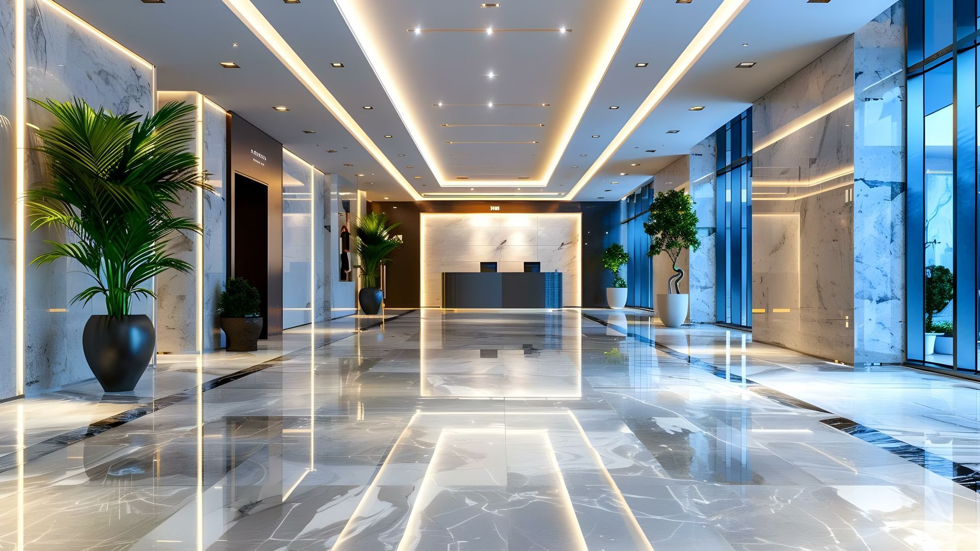 A large lobby with a marble floor and a reception desk.