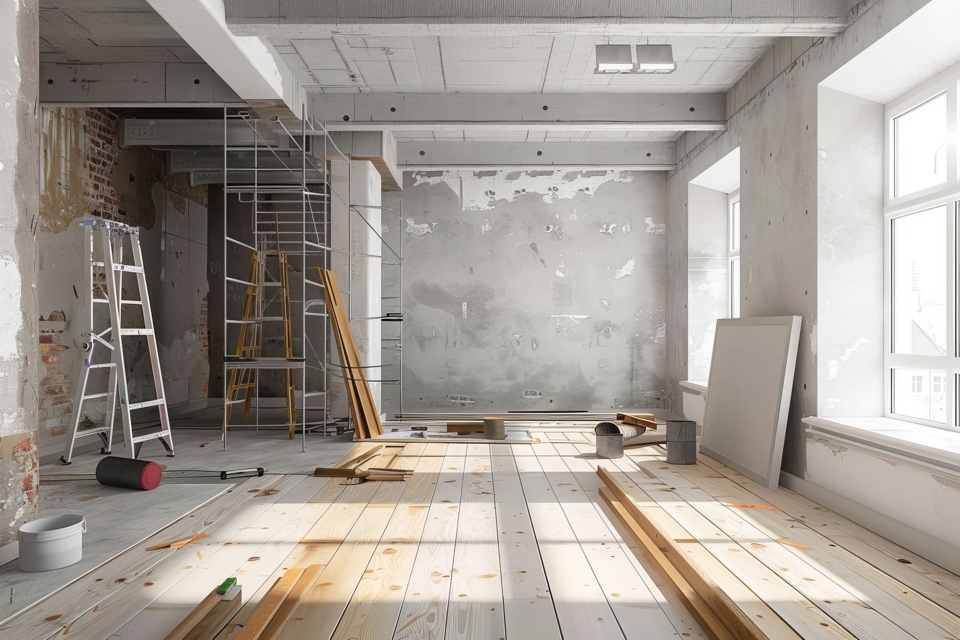 An empty room with a wooden floor and a ladder.