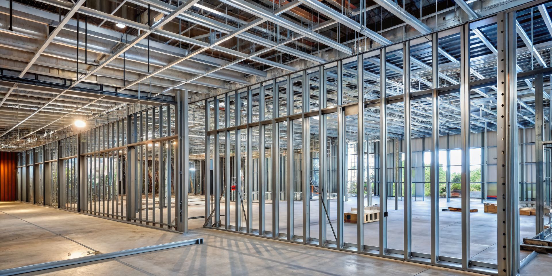 The inside of a building under construction with a lot of metal frames.