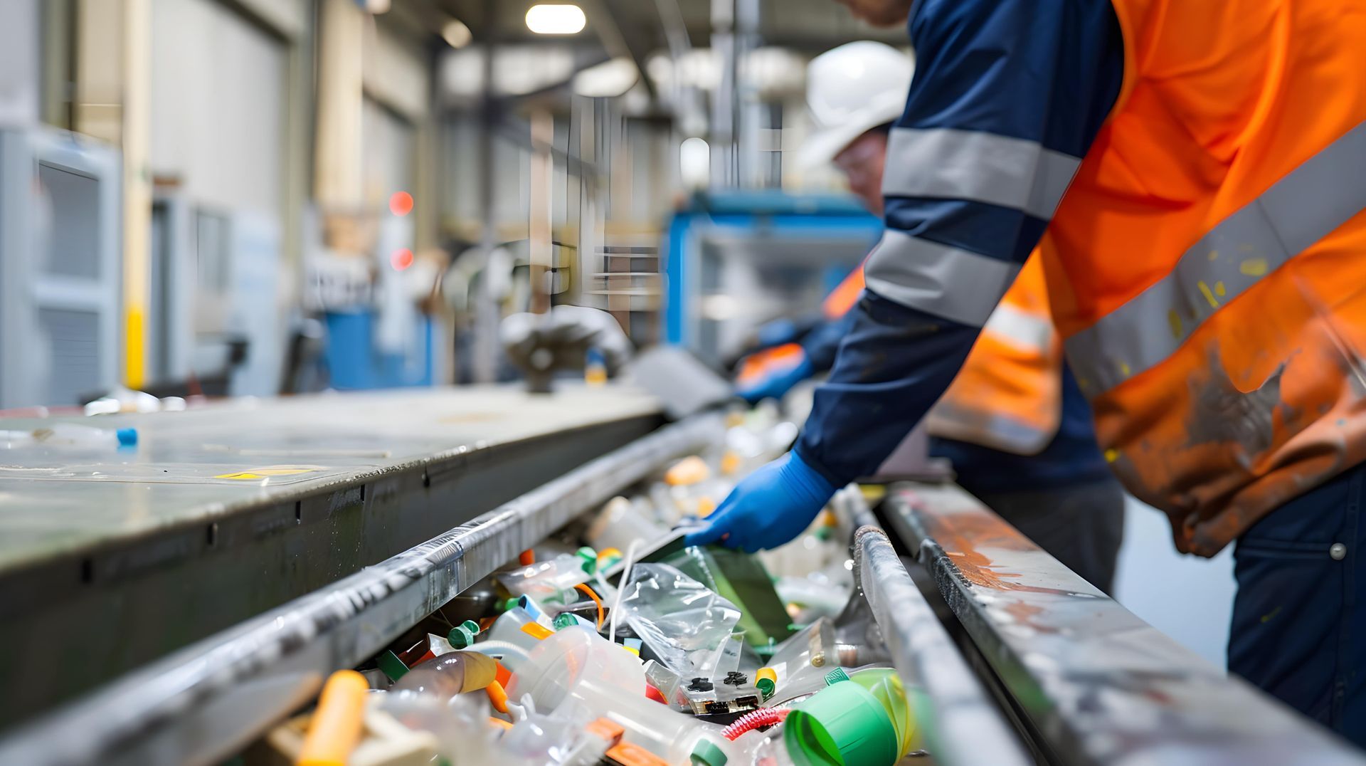 A man is sorting plastic bottles on a conveyor belt in a factory.