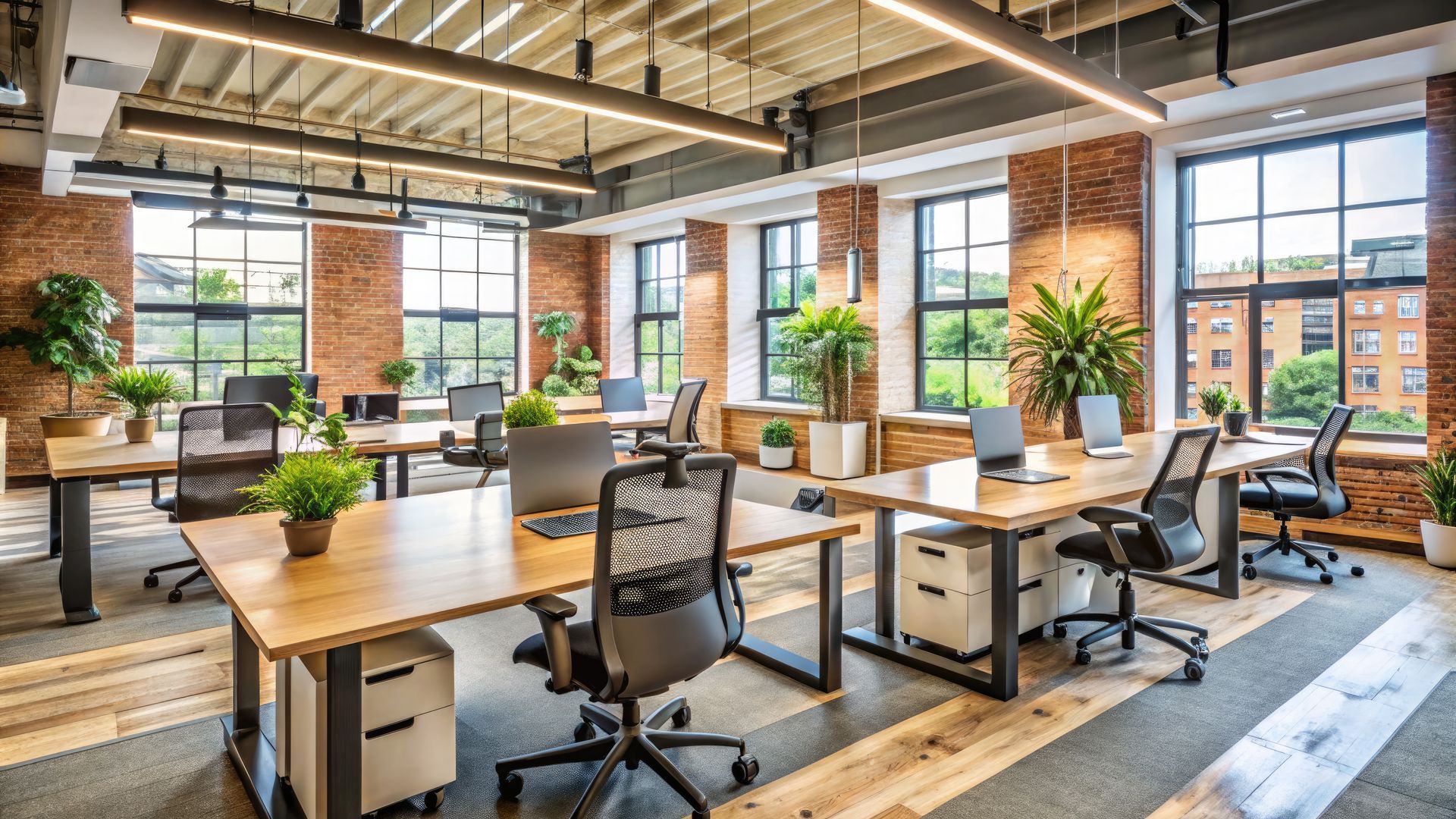 A large open office with lots of tables and chairs.