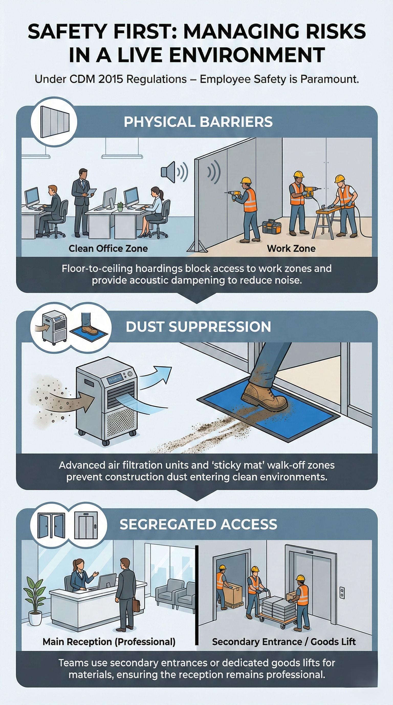 Infographic: Safety measures in a live environment rurbishing. Physical barriers, dust suppression, and dedicated access illustrations.