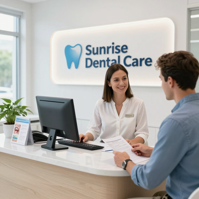 Dental office reception desk with staff assisting a patient under the Sunrise Dental Care sign
