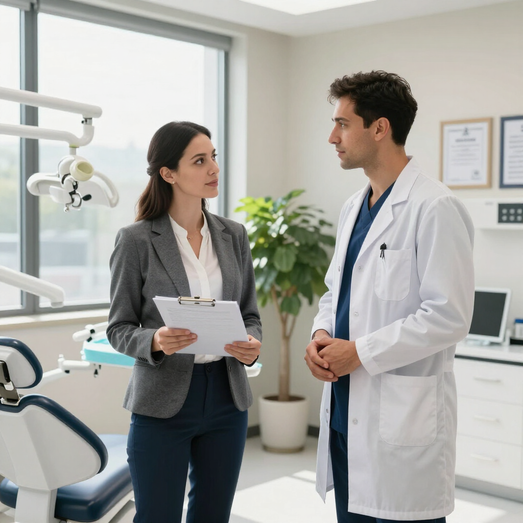 Doctor and businesswoman talking in a bright clinic office, holding a clipboard and wearing a lab coat.