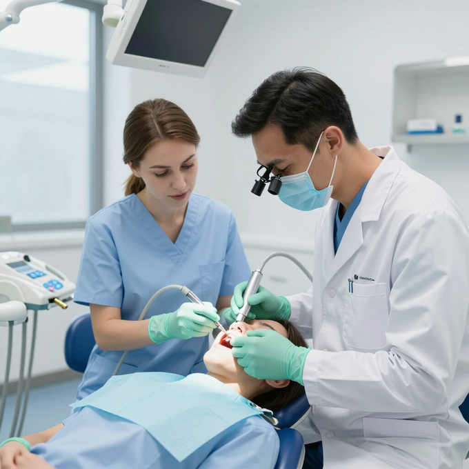 Dental team treating a patient in a bright clinic, using tools and a headlamp during a procedure