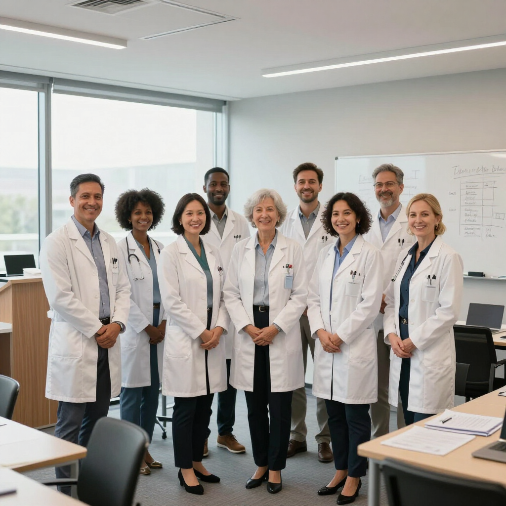 Healthcare team in white lab coats standing together in a bright conference room