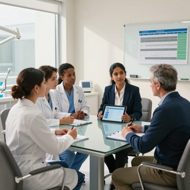 Medical team in a conference room discussing a tablet and documents around a glass table