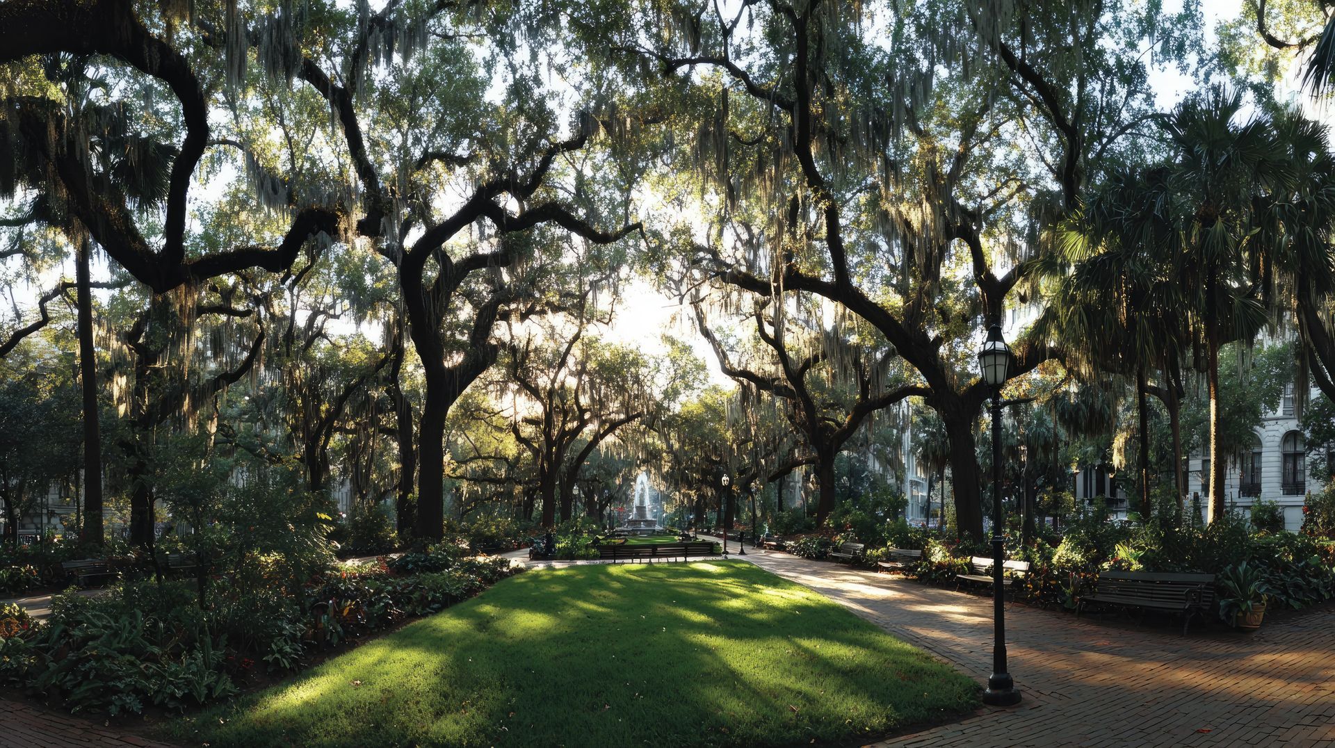 Lush green park with sunlight filtering through large, sprawling trees in Savannah, Georgia