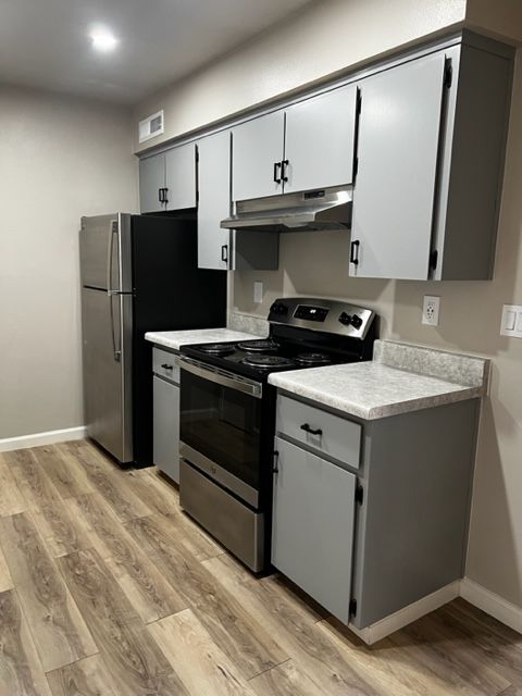 Gray kitchen with stainless steel appliances and wood-look flooring.