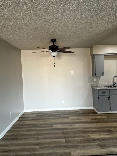 Empty room with grey walls, ceiling fan, gray cabinets, and wood-look flooring.