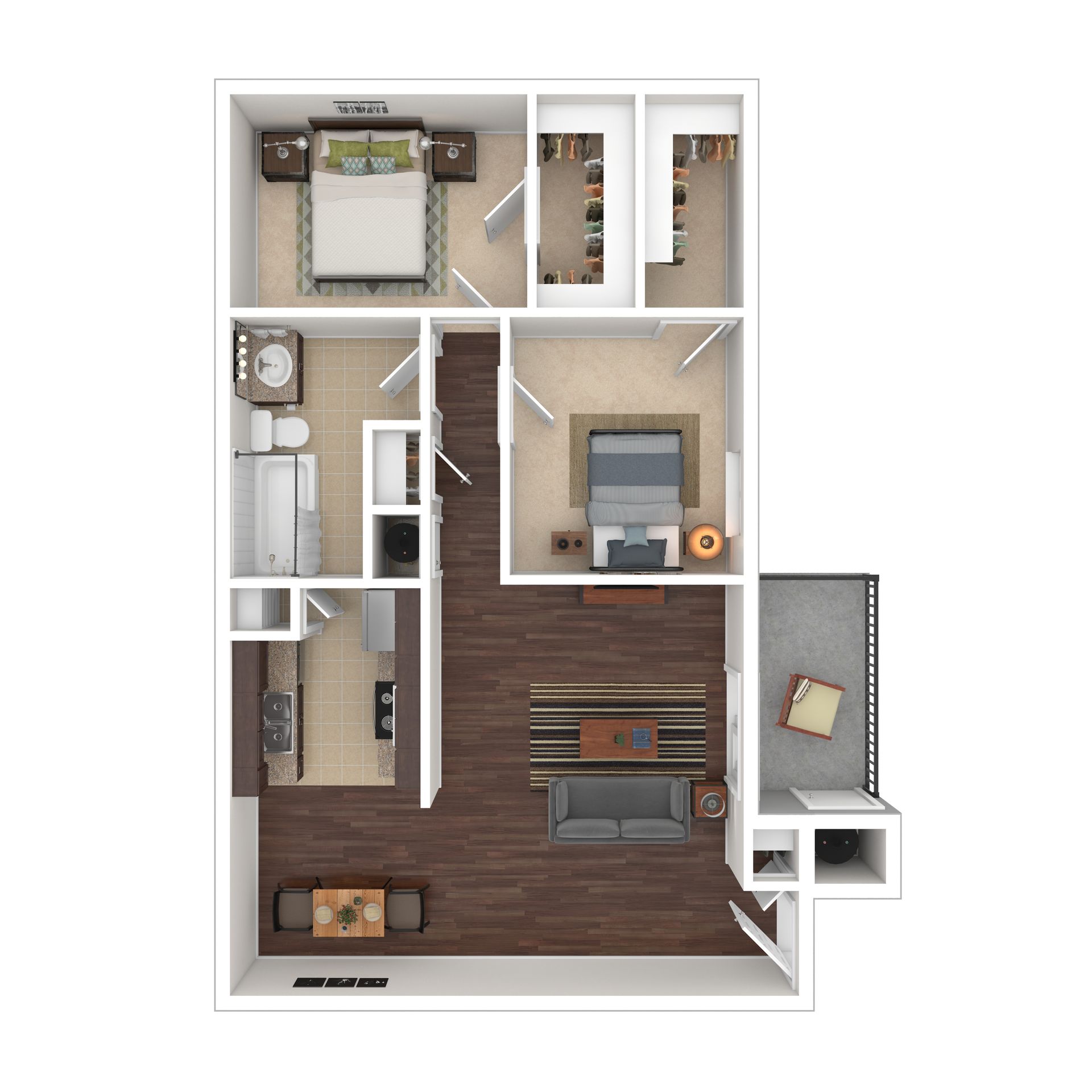 Floor plan of a two-bedroom apartment. Includes bedrooms, kitchen, living area, bathroom, and balcony.