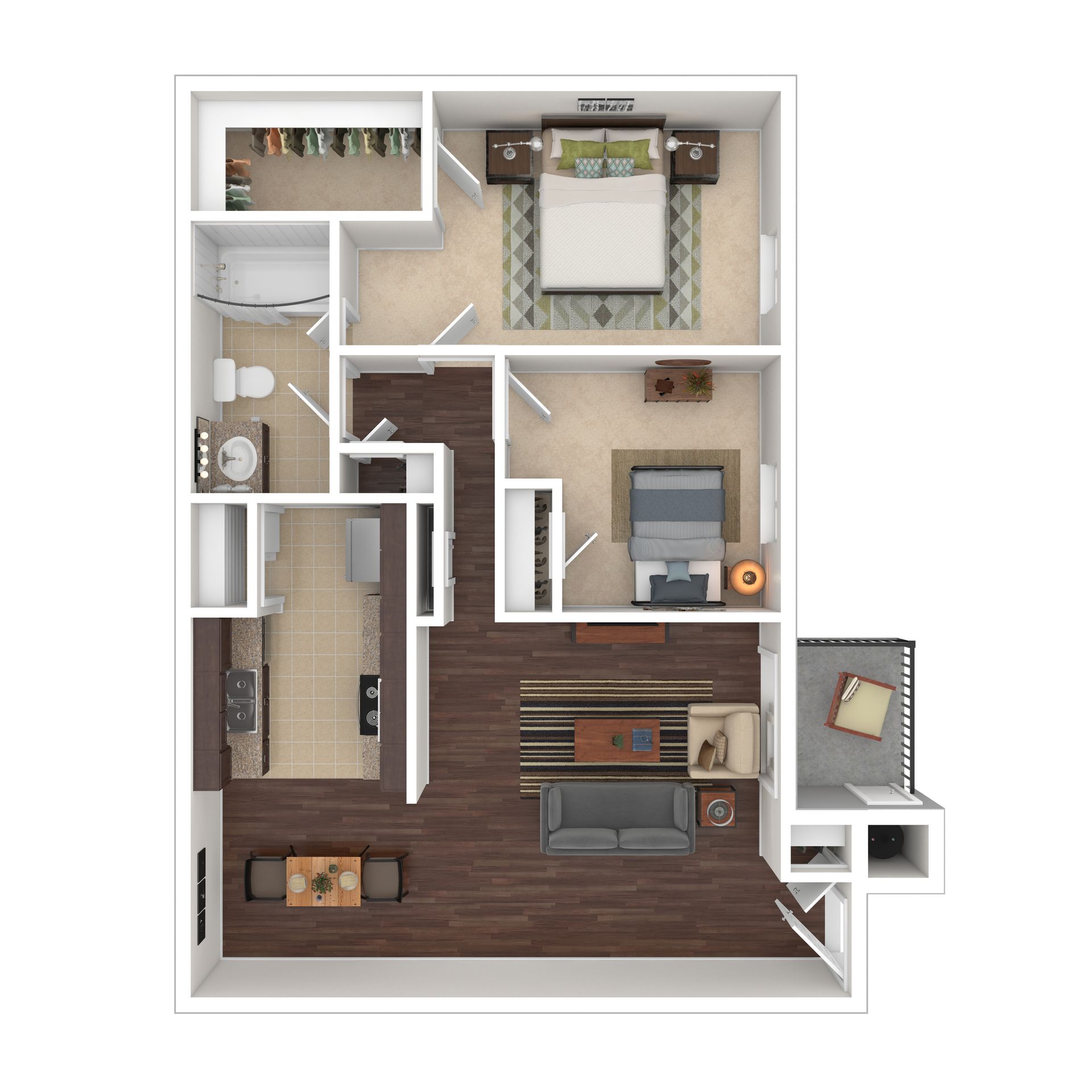 Floor plan of a one-bedroom apartment with a bedroom, bathroom, kitchen, living area, and balcony.