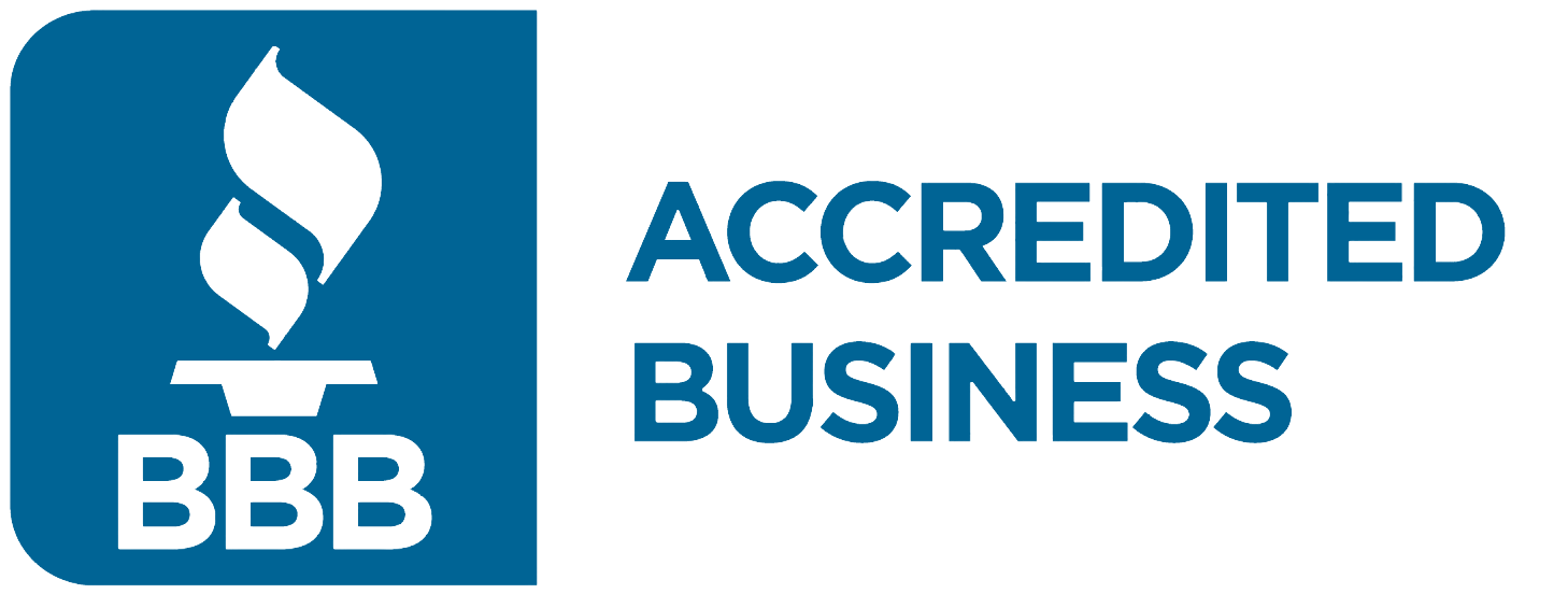 A blue and white logo for an accredited business.