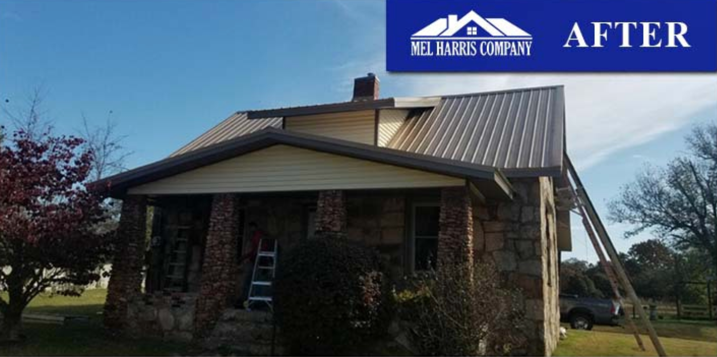A picture of a house with a metal roof and the words after on the bottom