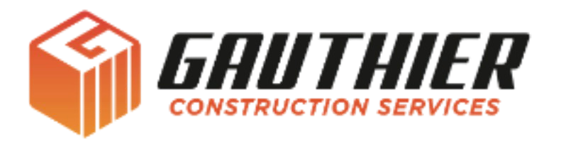 The logo for gauthier construction services is black and white.
