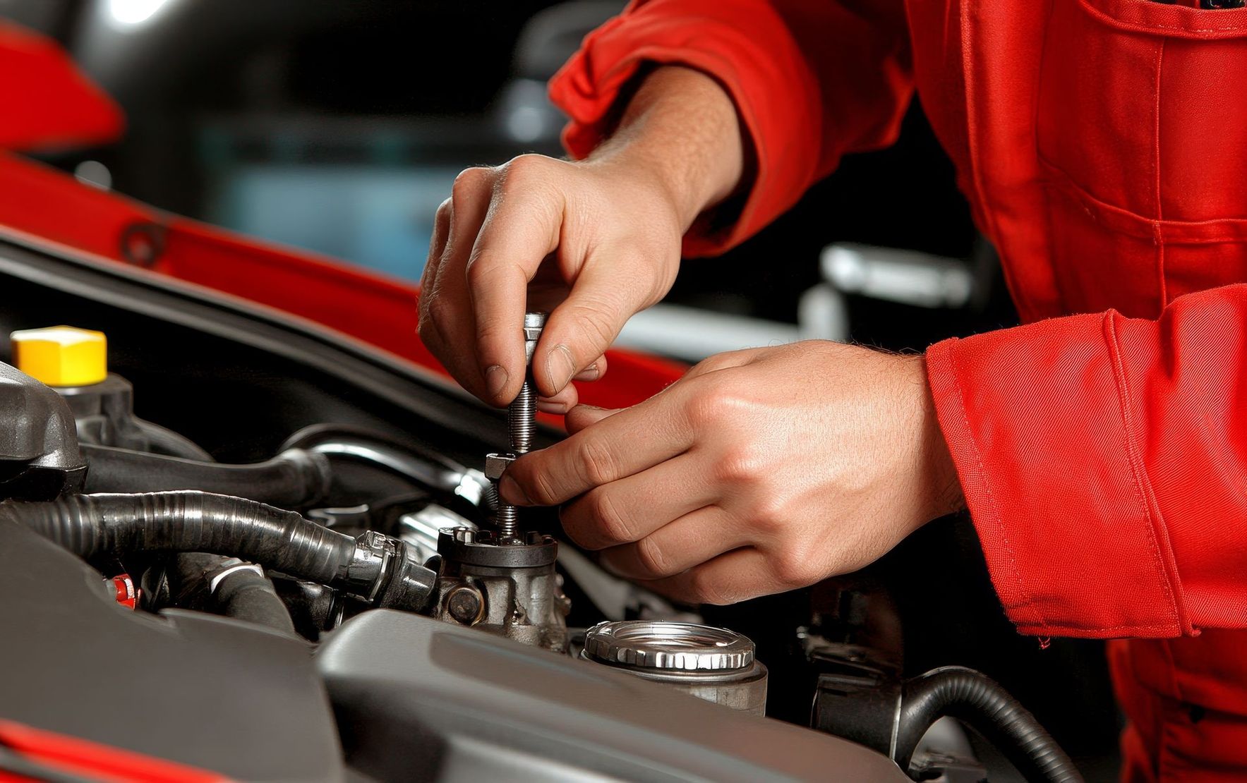 A man in a red jumpsuit is working on a car engine