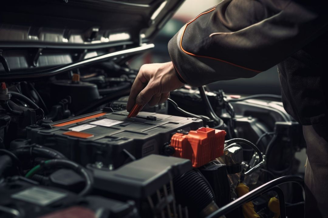 A man is working on the battery of a car.