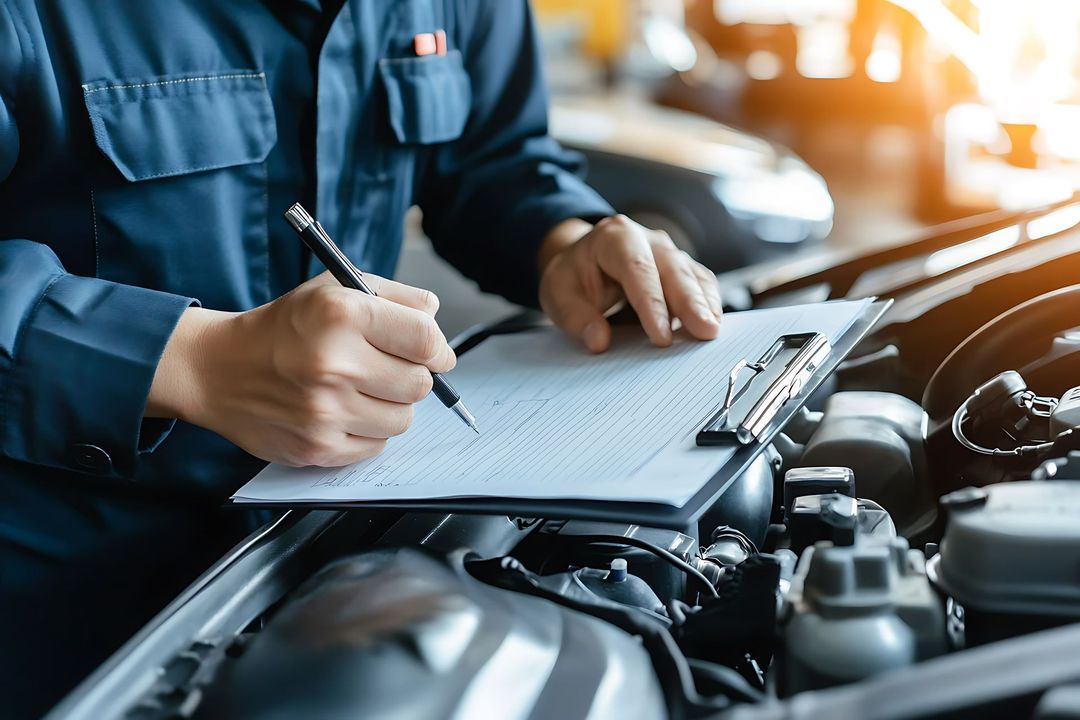 A mechanic is writing on a clipboard while working on a car.