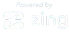 A white logo that says `` powered by zing '' on a white background.