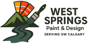 Logo of West Springs Paint & Design with mountain, paint swatches, and a paintbrush depicting a river; serving SW Calgary.