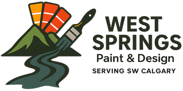 Logo for West Springs Paint & Design: green mountains, paint swatches, brush, and a flowing river with text.