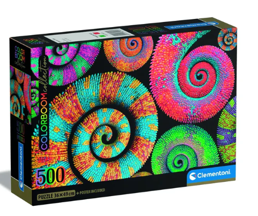 Caja rompecabezas con diseños de espirales de colores sobre fondo negro, etiquetada 