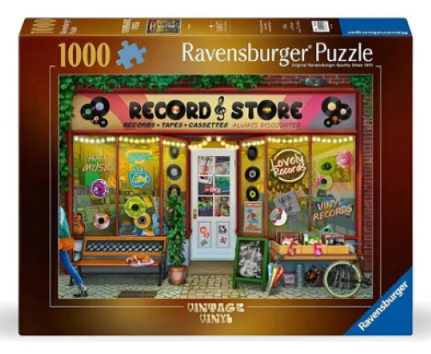 Rompecabezas Ravensburger de 1000 piezas de una tienda de discos vintage. Incluye discos, pósteres y casetes.