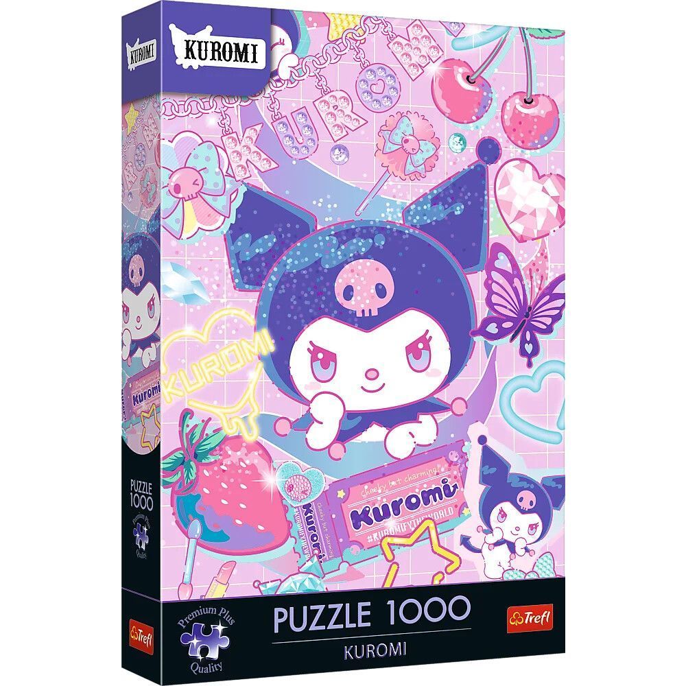 Caja de rompecabezas de Kuromi con el personaje Kuromi, cerezas y corazones en una combinación de colores pastel.