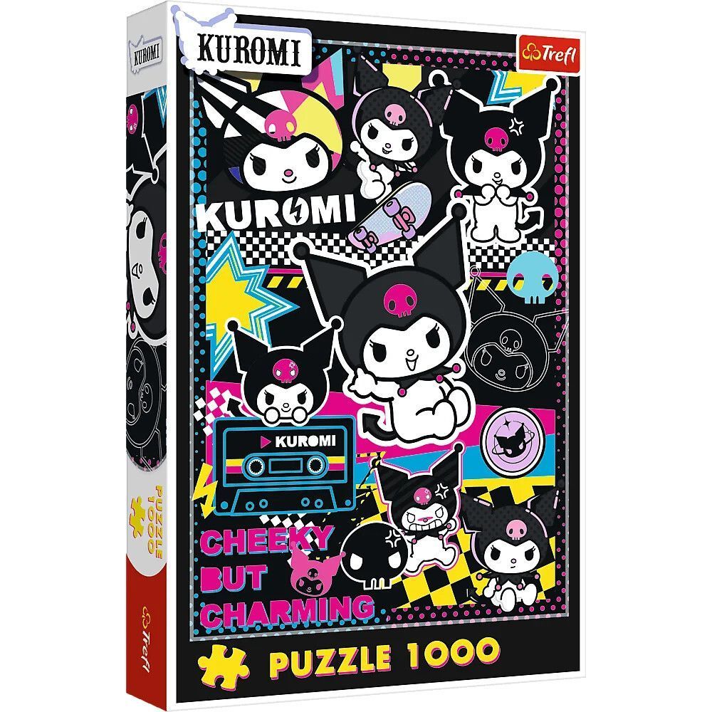 Rompecabezas de 1000 piezas en caja con personajes de Kuromi en negro, blanco, rosa y amarillo.