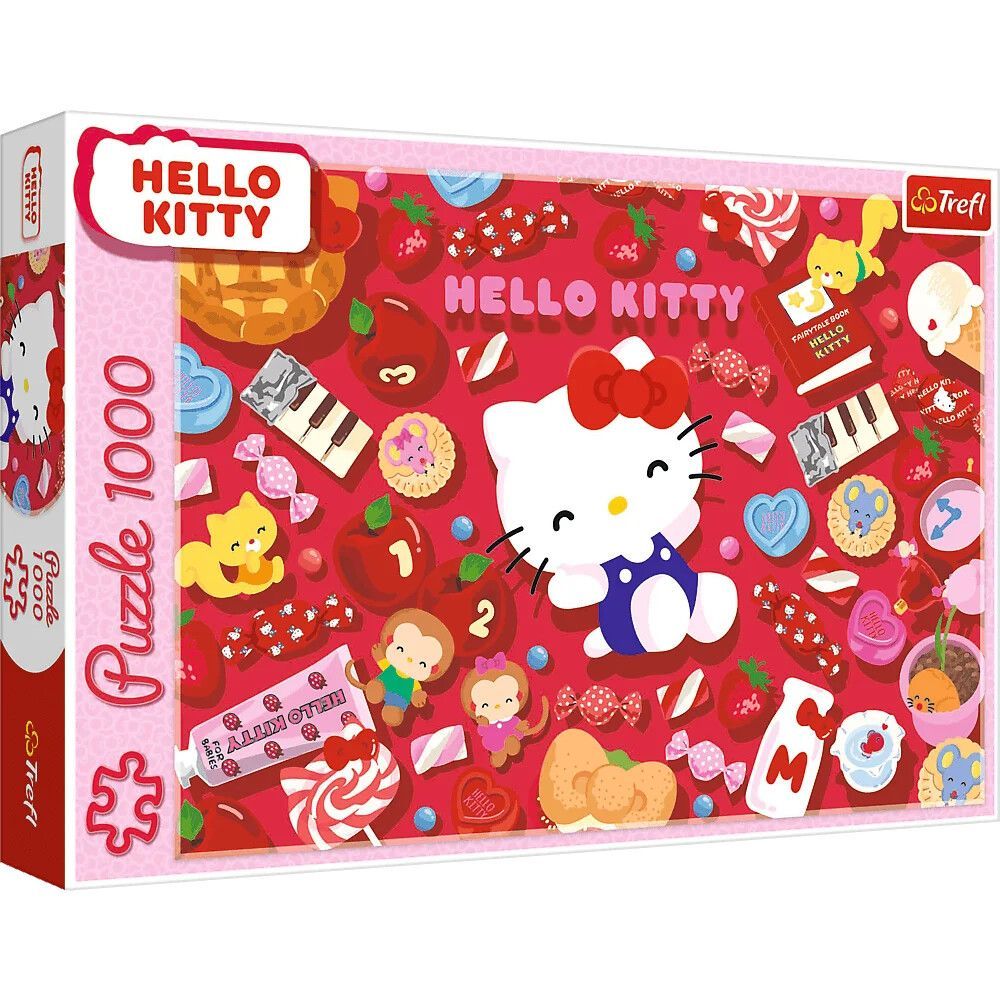 Puzzle Hello Kitty con dulces, fondo rojo, 1000 piezas.