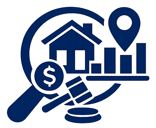 Ícono de bienes raíces: lupa, casa, gráfico, pin de ubicación y mazo en azul oscuro.