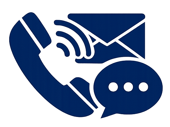 Icono azul oscuro: teléfono, sobre con ondas de señal y globo de diálogo, que representan métodos de contacto.