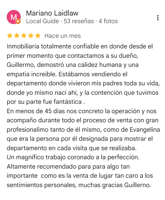 Reseña de Google elogiando a un agente inmobiliario llamado Guillermo por vender un apartamento.