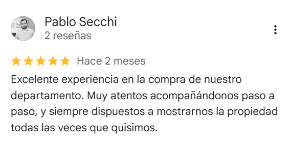 Opinión sobre compra de inmueble por Pablo Secchi: valoración 5 estrellas, feedback positivo.