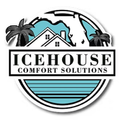 ICEHOUSE Comfort Solutions logo with house, palm trees, globe, and blue water stripes