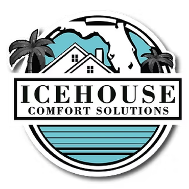 ICEHOUSE Comfort Solutions logo with house, palm trees, globe, and blue water stripes