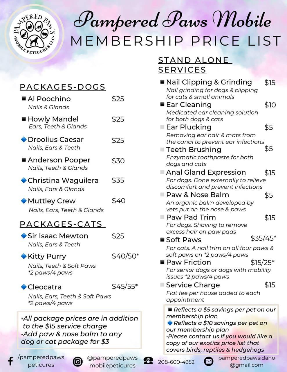 A pampered paws mobile membership price list for dogs and cats.