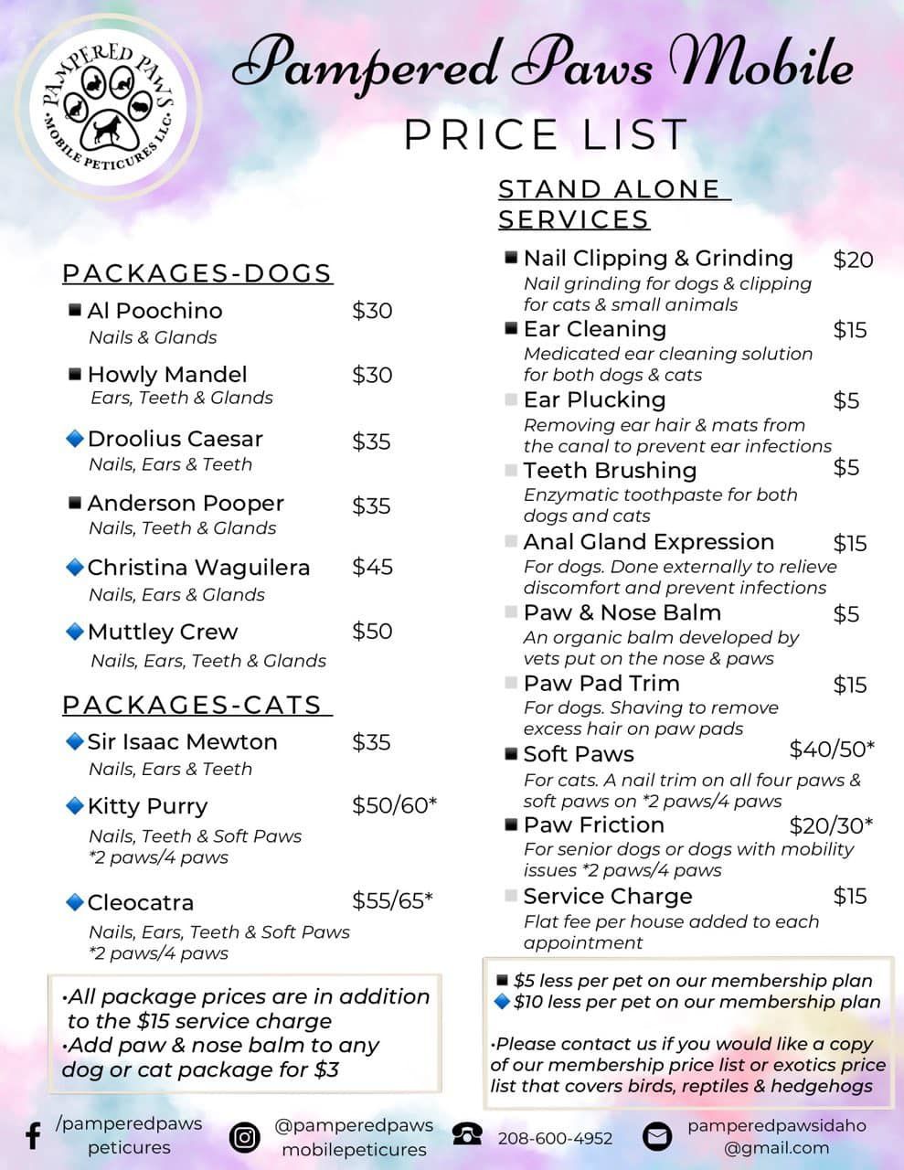 A pampered paws mobile price list for dogs and cats