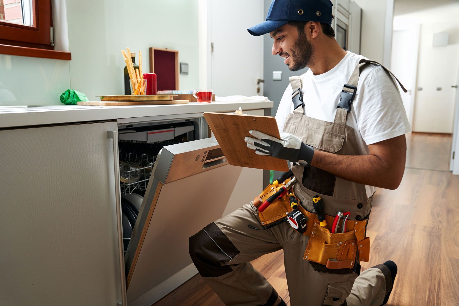 Technician kneeling by an open dishwasher, holding a clipboard in a kitchen with tools on his belt