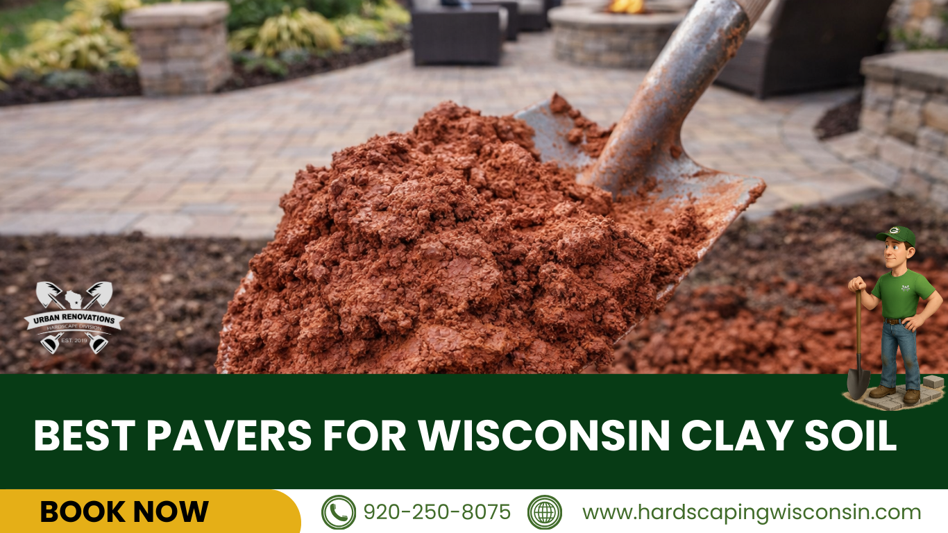 Heavy red clay soil common in Wisconsin backyards compared to a finished paver patio.