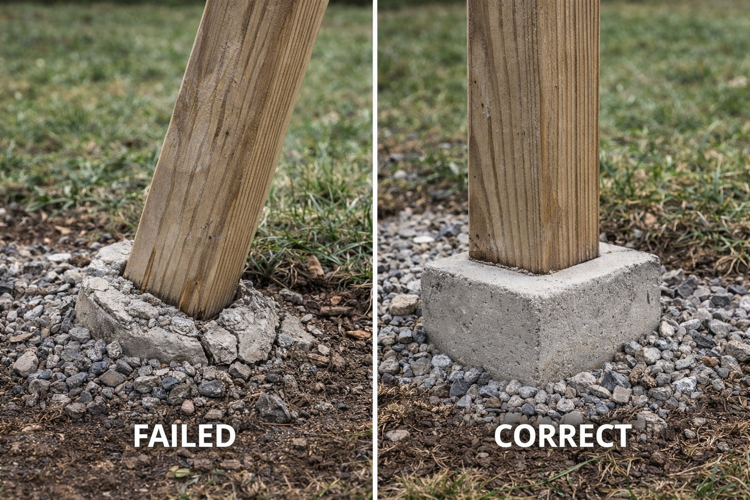 Comparison of a heaved patio post vs a stable post installed below frost depth