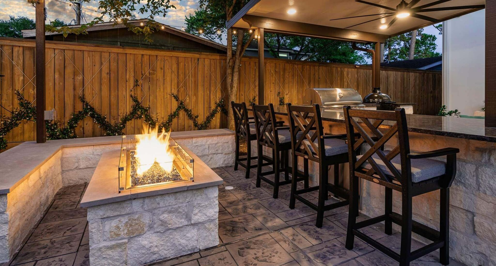 outdoor kitchen and fire pit