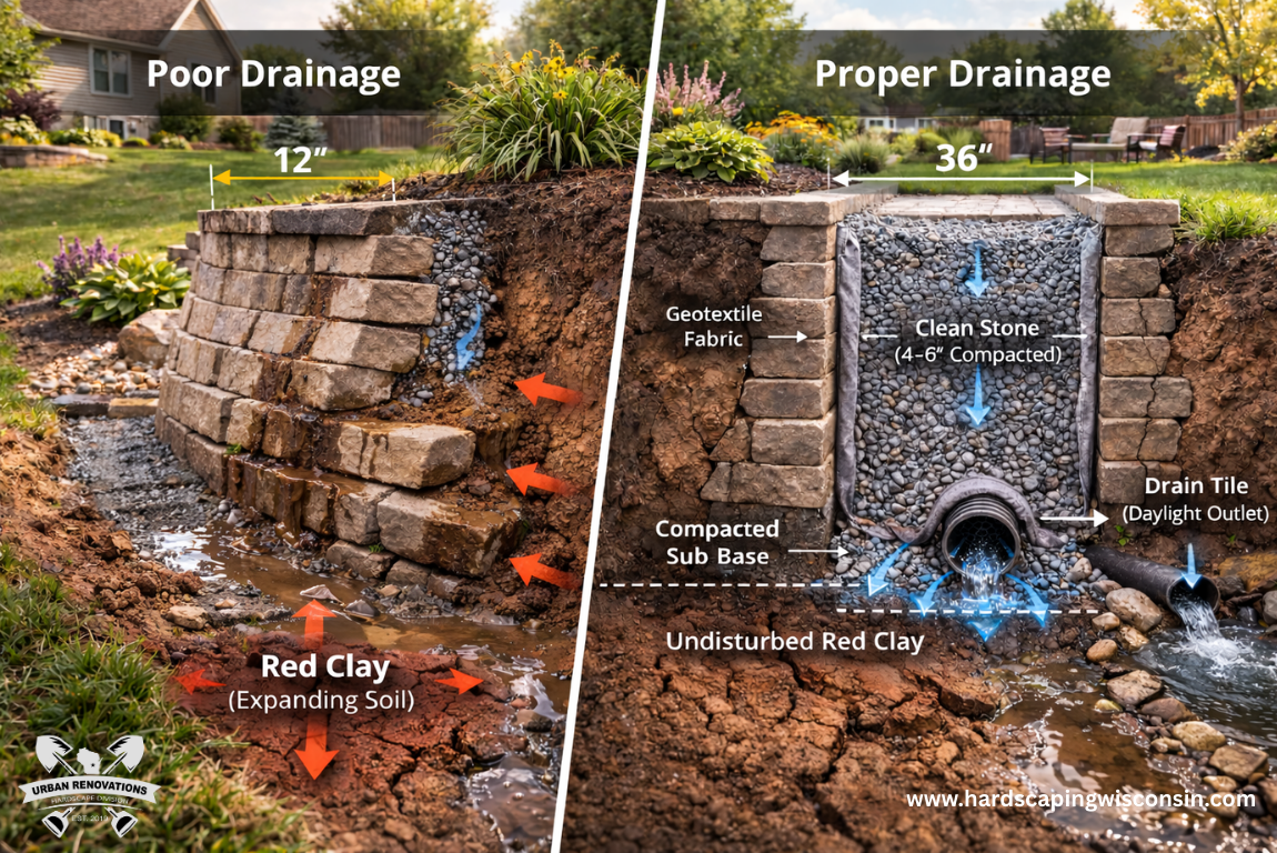 poor drainage vs proper drainage for retaining wall installation