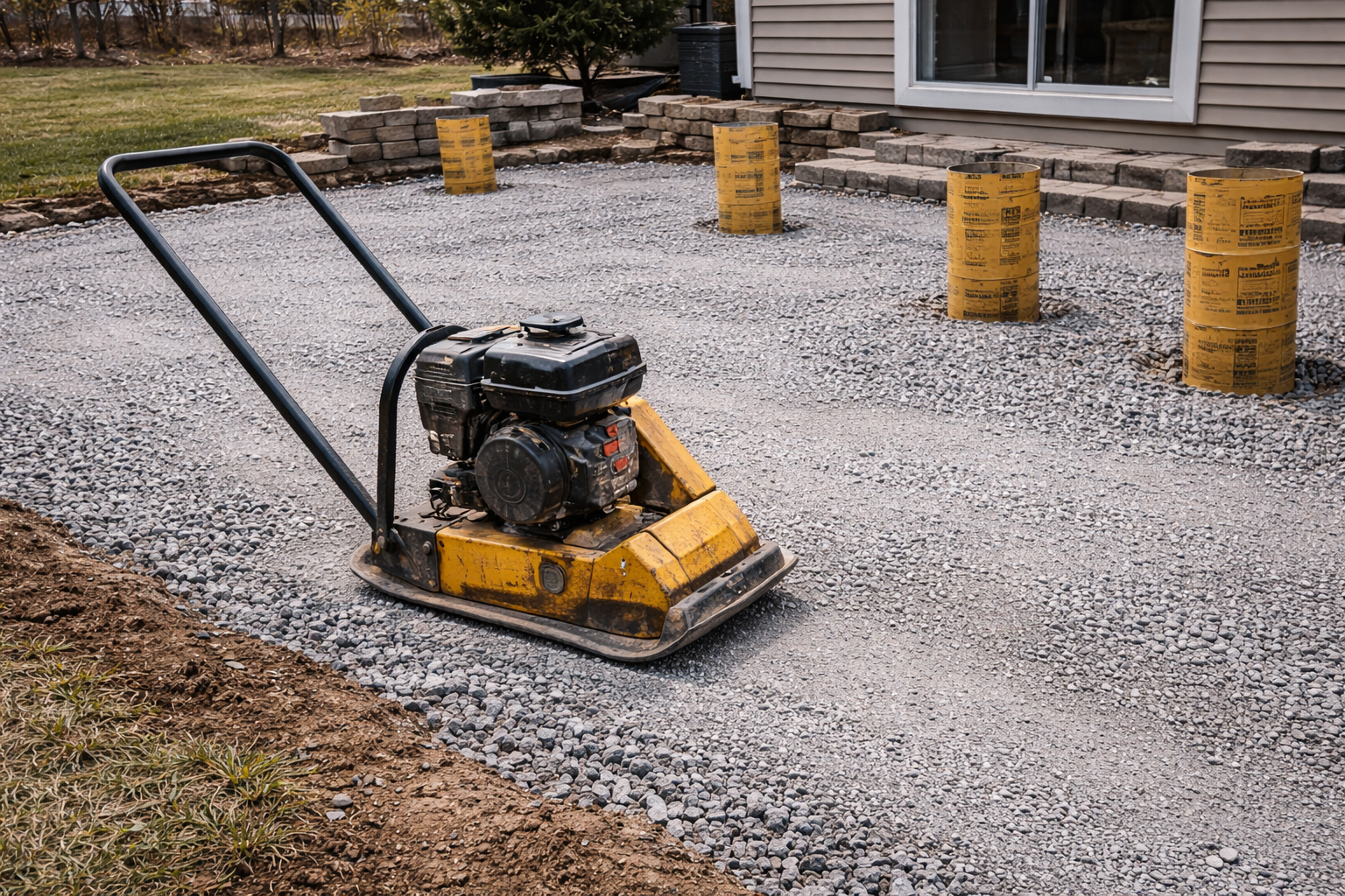 Compacting the gravel base for a paver patio while concrete footings are set for posts.
