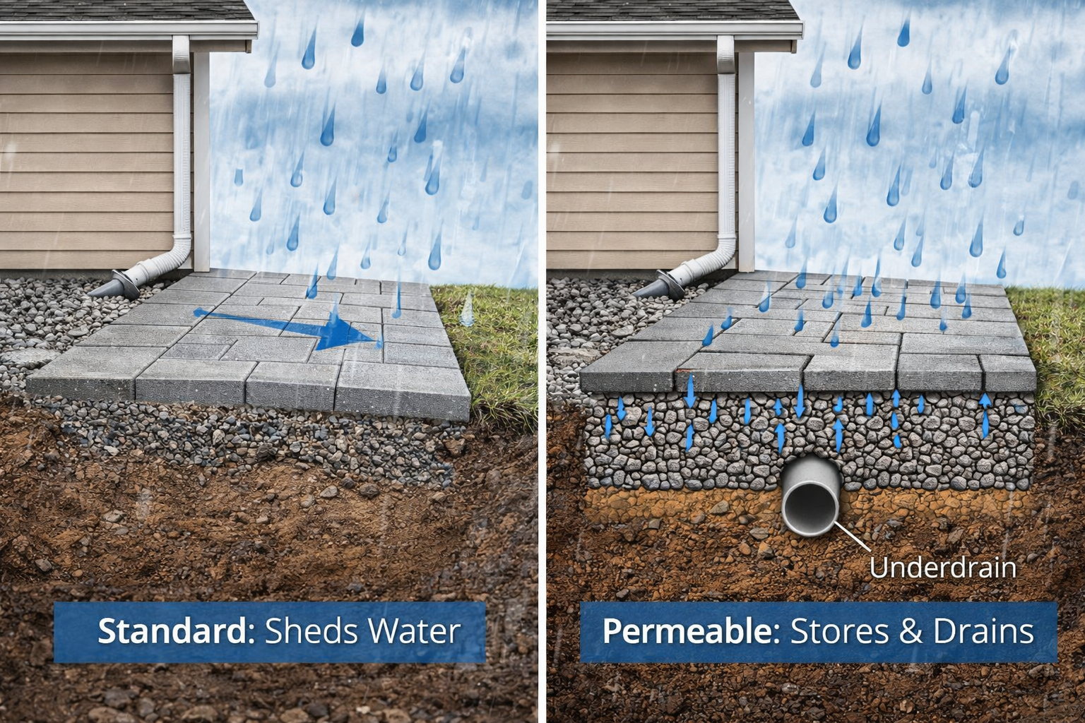 Diagram showing the difference between water runoff on standard pavers vs permeable pavers