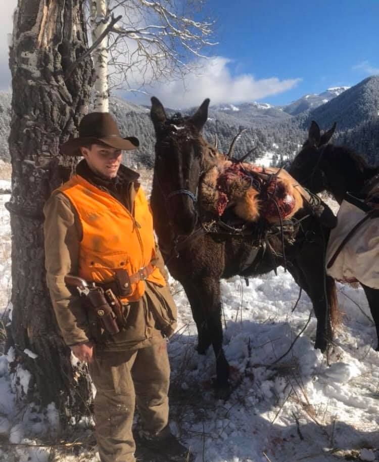 A man in an orange vest is standing next to a horse in the snow