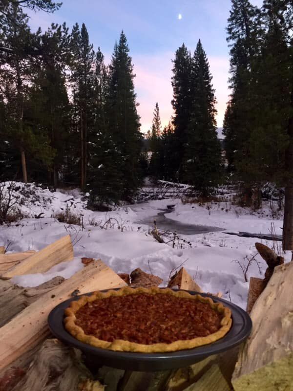 A pie in a pan in front of a snowy forest
