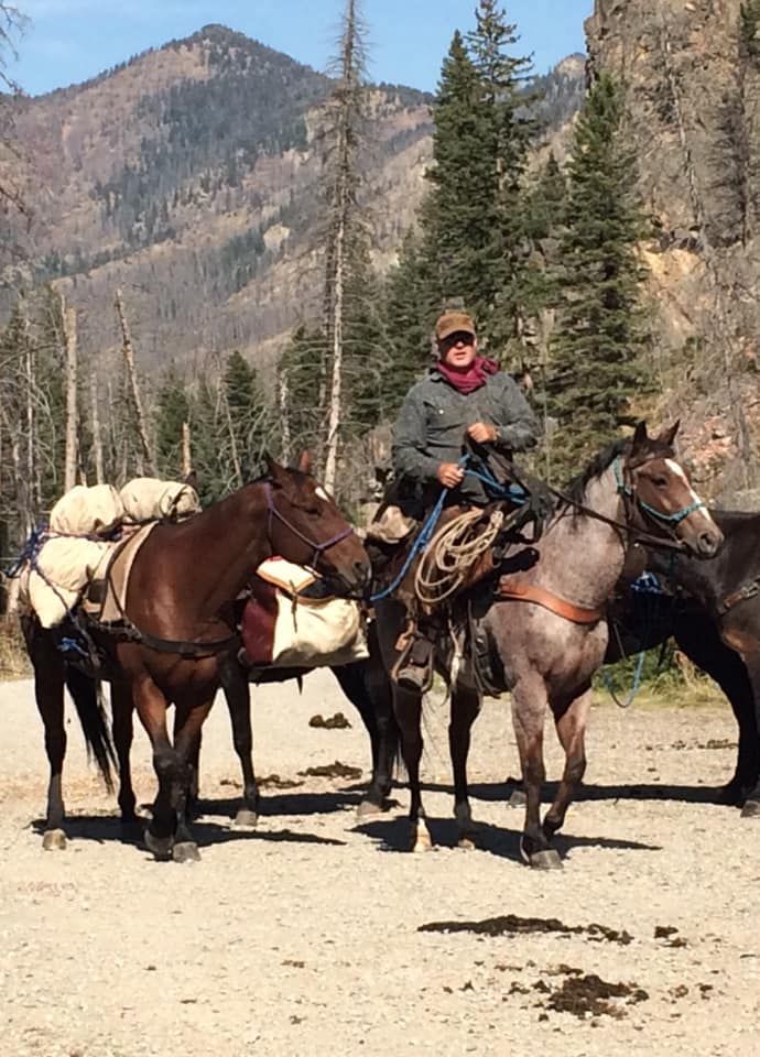 A man is riding a horse with mountains in the background