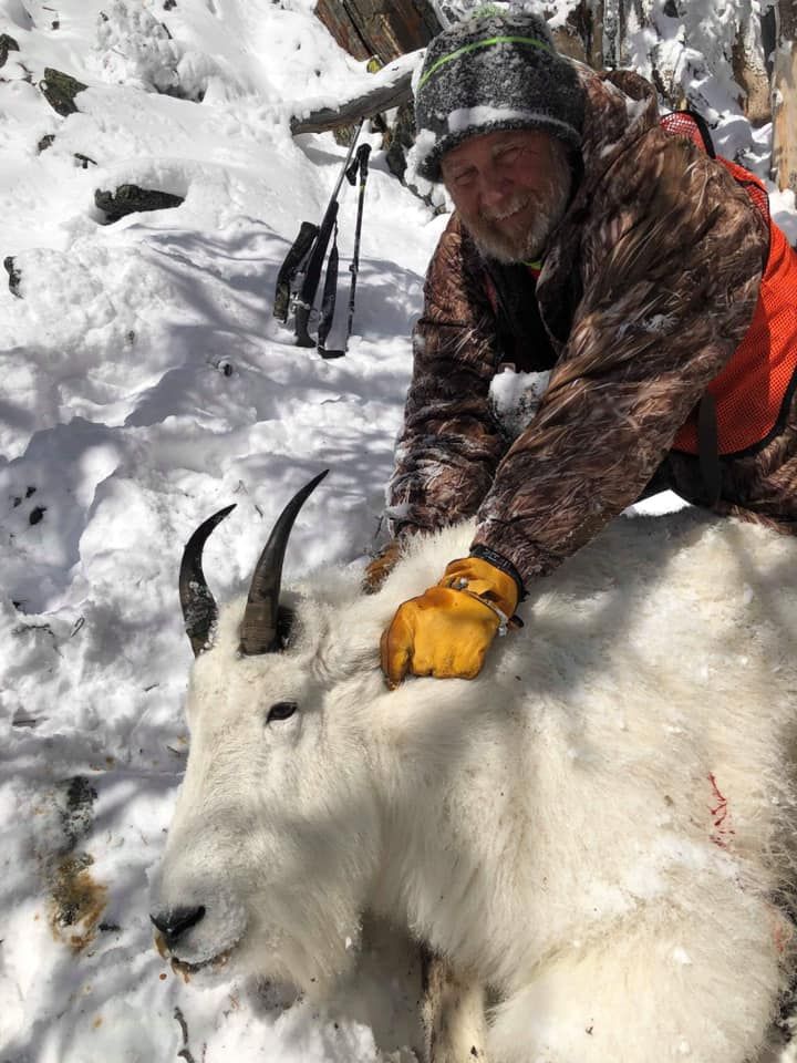 A man is kneeling down next to a mountain goat in the snow.